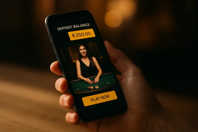 Hand holding smartphone showing dark casino app with live dealer preview