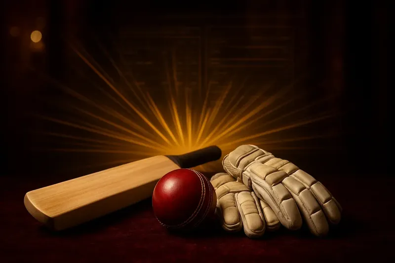 Close-up cricket equipment on dark surface with neon speed lines and holographic interface