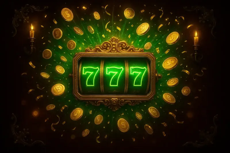 Glowing slot reels with massive win, coins and confetti in neon green gold