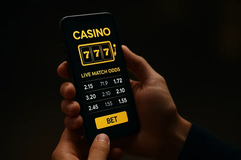 Hands holding smartphone showing mobile casino interface with live match odds