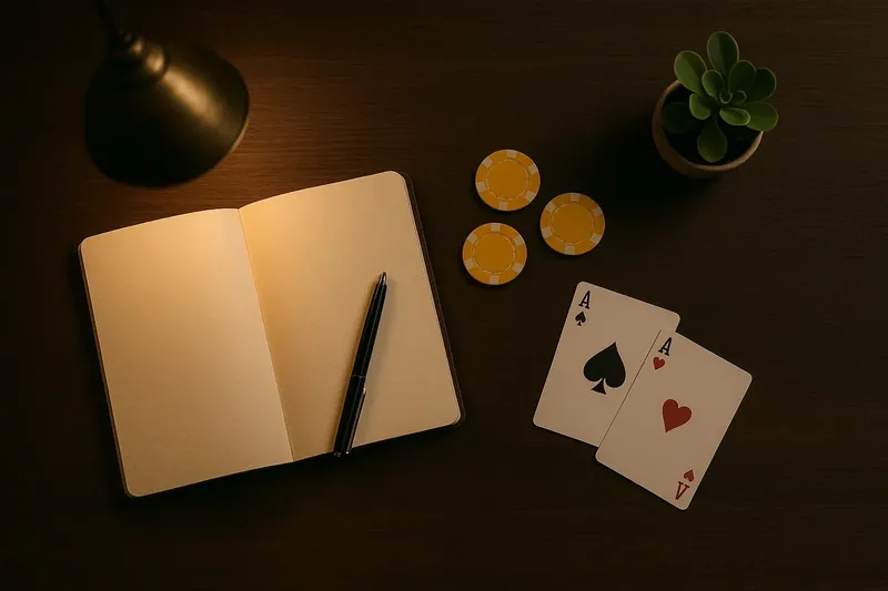 Overhead dark wood desk with notebook, pen, casino chips, cards, plant