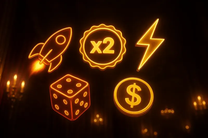 Neon instant game icons cluster with rocket, dice, coin, lightning, multiplier