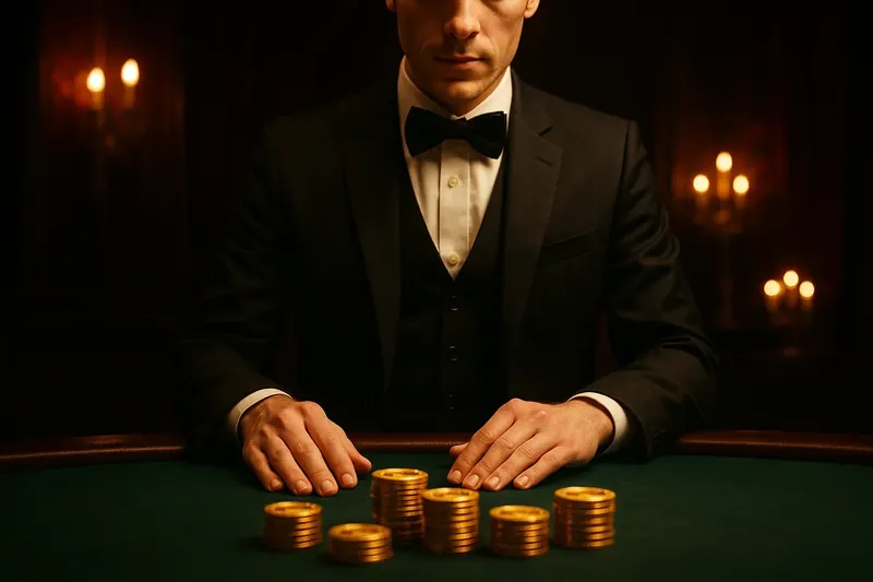 Professional dealer behind green felt table with golden chips under spotlight