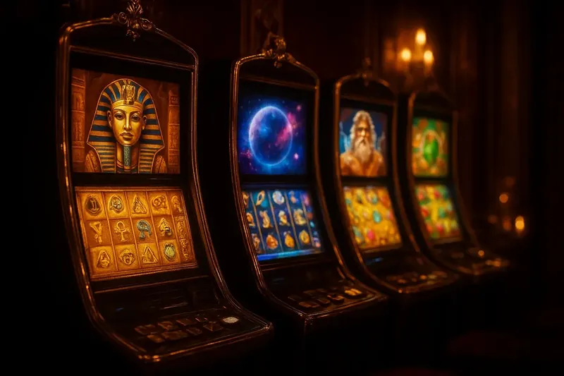 Modern video slot machine bank with five vivid themed screens in neon light